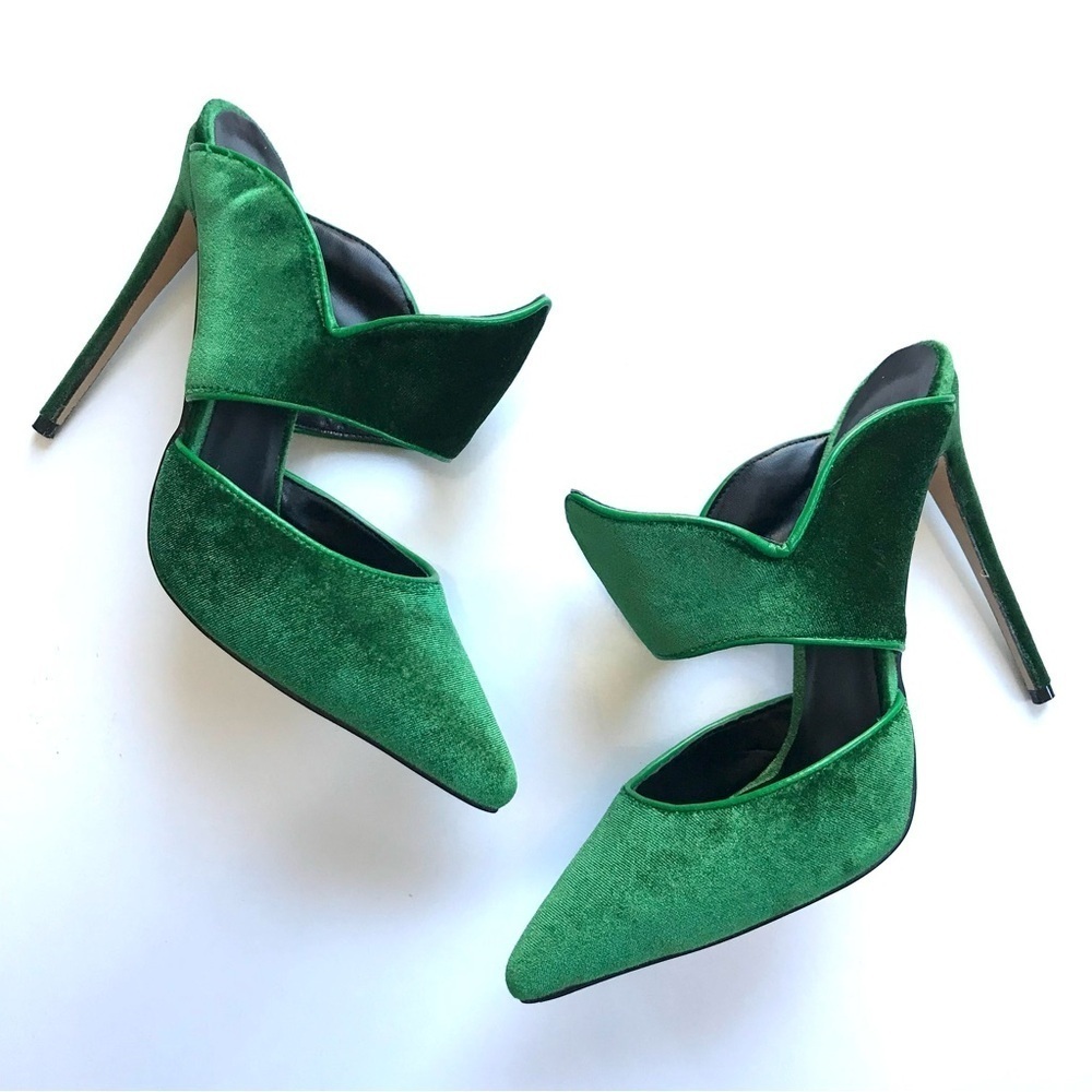 WICKED FJ5 NEW Green Velour Pointed Toe Open Back 5 inch Stiletto Size 7 pumps - Picture 11 of 16